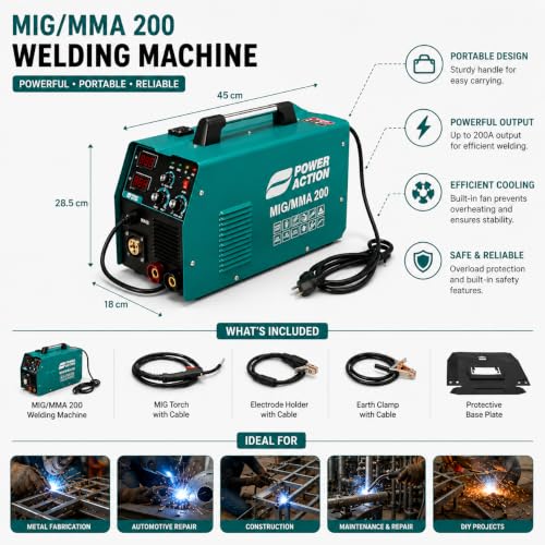 Image of Sulfar Power Action IGBT Welding Machine MIG /MMA200 Voltage 160-240V-50Hz No Load Voltage 65V, Current Range 20-200A Max Input Current: MMA: 27A MIG: 25A With Two LCD Display (200, Green)