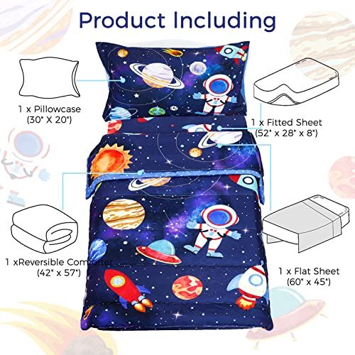 Image of SWESEN Toddler Bedding Set for Boys, Blue Space Toddler Boy Bedding Set, Soft & Lightweight 4 Piece Toddler Comforter Sets Include Comforter, Flat Sheet, Fitted Sheet, Pillowcase