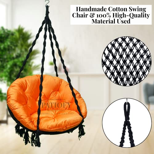 Image of Patiofy Premium Cotton Swing Chair for Adults, Black & Orange, Maximum Weight 150 Kgs, Hanging Jhula for Home, Balcony, Garden, Living Room