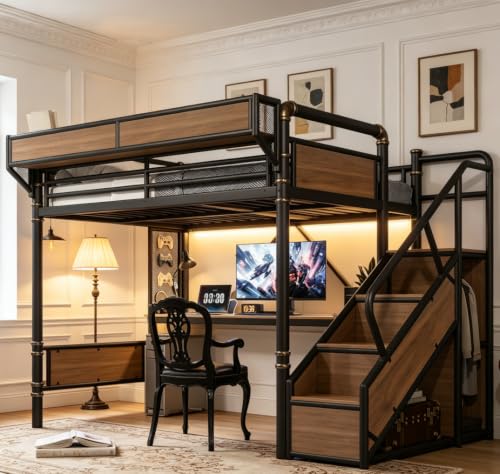 Image of Bellemave Full loft Bed with Storage Stairs, Wardrobe, Shelves, Metal Full Loft Bed Frame for Adults, Kids, Teens, Black+Natural Wood with Black Stairs