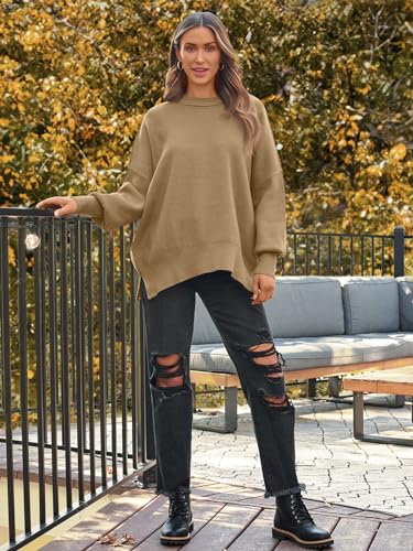 Image of LILLUSORY Women's Oversized Batwing Sweaters 2026 Fall Outfits Trendy Crewneck Knit Side Slit Fashion Pullover Tops