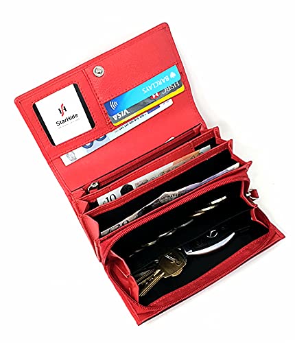Ladies RFID Clutch Wallet Soft Genuine Leather Flap Over Women Purse Credit Cardholder, ID And Coin Organizer 5510 (Red)3