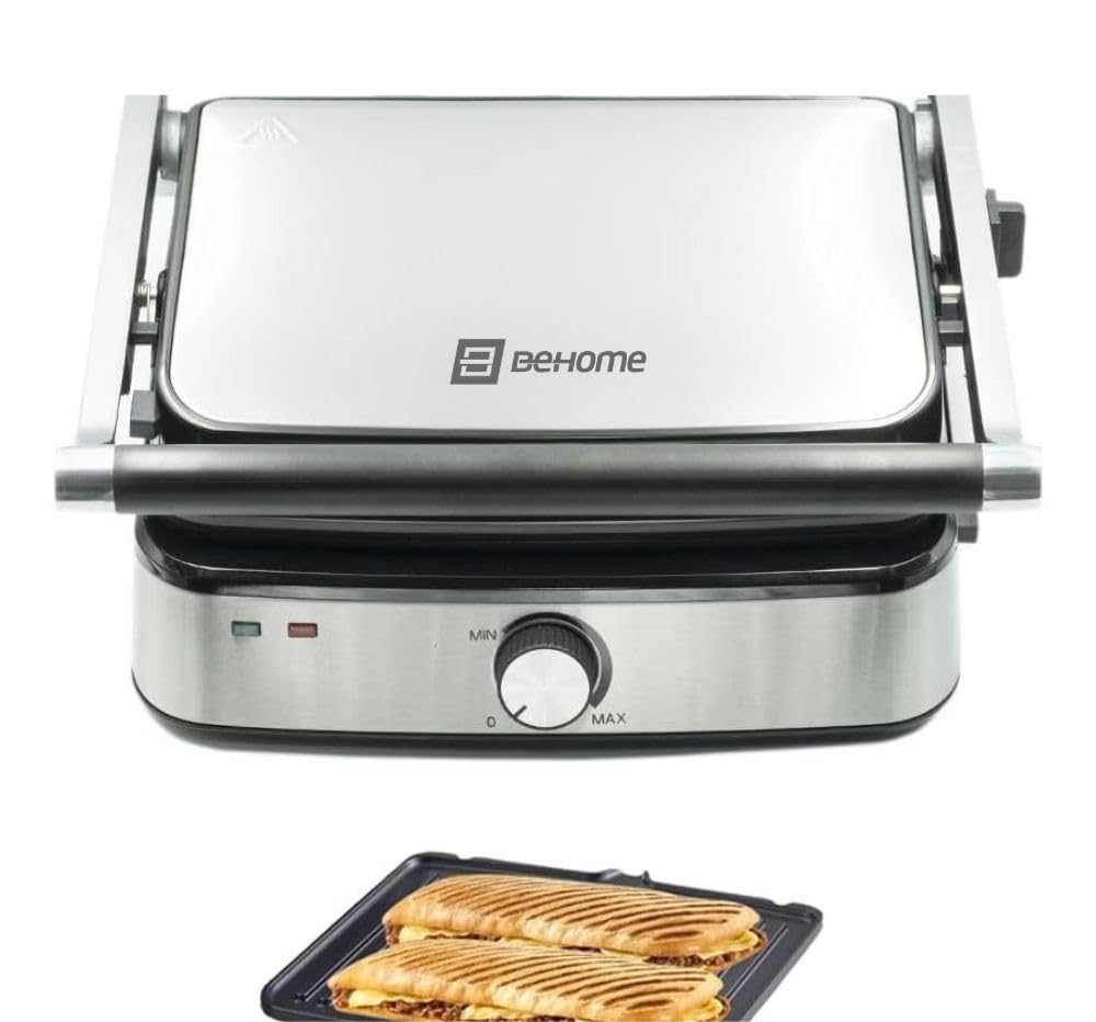 BEHOME Griglia Elettrica Antiaderente in Ghisa con Piastre Removibili 2000W | Griglia Elettrica Barbecue Temperatura Regolabile e Vaschetta Raccogli Grasso
