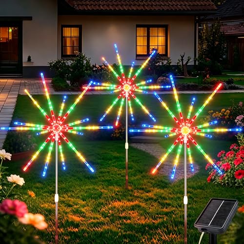 CCILAND 3 Pack Solar Firework Lights Outdoor, 336 LEDs Solar Starburst Garden Lights with Timer 8 Modes, Waterproof Decorative Lights for Yard Patio Walkway Pathway Party Wedding (Multicolor)