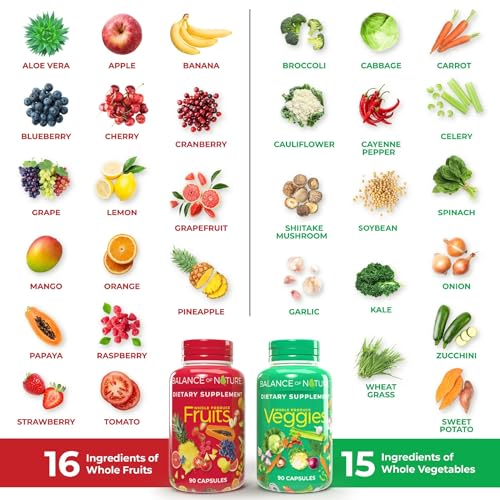 Balance of Nature Fruits & Veggies Supplements - Whole Fruit and Vegetable Ingredients for Women, Men, and Kids - 90 Fruits Capsules, 90 Veggies Capsules - 1 Set - Image 7