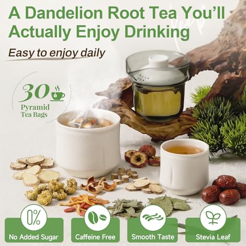 Image of ZenHerbaw Dandelion Root Tea Bags, Smooth Caffeine-Free Herbal Tea with Dandelion Root & Leaf, Burdock Root, Ginger, Goji Berry & Stevia, 30 Pyramid Tea Bags