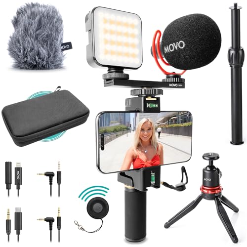 movo ivlogger-pro vlogging kit for iphone/android - youtube starter kit for content creators - accessories: phone tripod, phone mount, rgb light and vxr10 shotgun mic