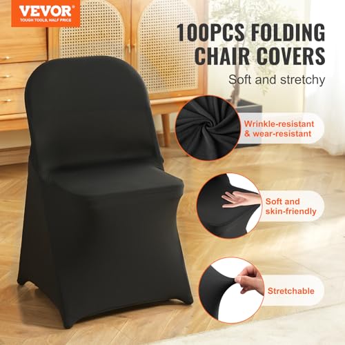 Image of VEVOR 100 Pcs Stretch Spandex Folding Chair Covers Universal Fitted Black | for Wedding Holiday Party Banquet Celebration, Elegant Event Decor, Dining Room Chair Cover, Removable Washable Slipcovers