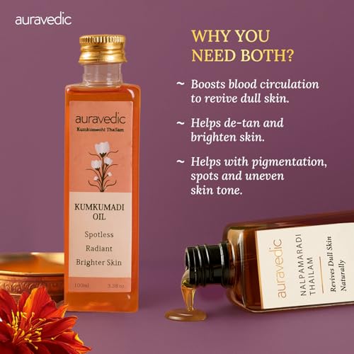 Image of Auravedic Kumkumadi tailam for face Kumkumadi face oil for glowing skin & Nalpamaradi thailam 100 ml pack of 2 kumkumadi oil pigmentation serum body oil after bath for daily use