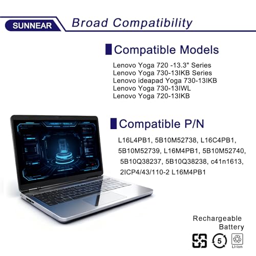 Image of L16L4PB1 L16M4PB1 L16C4PB1 Laptop Battery for Yoga 730-13IWL ideapad Yoga 720-13IKB 730-13IKB Series Notebook 5B10M52738 5B10M52739 5B10M52740 5B10Q38237 5B10Q38238 48Wh 6268mAh