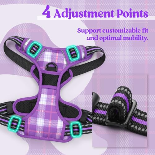 Image of rabbitgoo Dog Harness No Pull with 2 Leash Clips, Adjustable Soft Padded, Reflective Oxford No Choke Pet Vest with Easy Control Handle for Large Dogs, Purple Plaid, XL