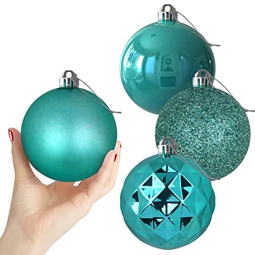 Blaugrün 10,2 cm große Weihnachtskugeln - Weihnachtsbaumschmuck Ornamente bruchsichere hängende Kugeln für Chanukka Neujahr Valentinstag Urlaub Dekorationen Set mit 4 Stück Cover
