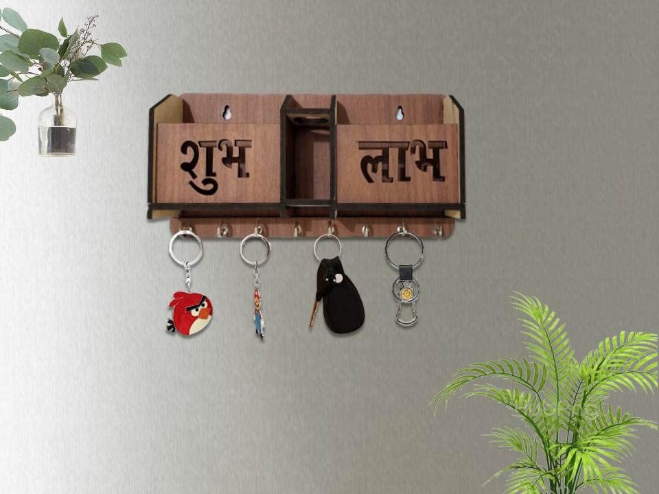 Image of Shubh Labh Key Holder Unique Designer 2 Pocket Pen and Mobile Stand Stainless Steel 8 Hooks Wooden Key Holder for Home, Key Stand for Wall, Key Organizer for Office, Hall Decoration