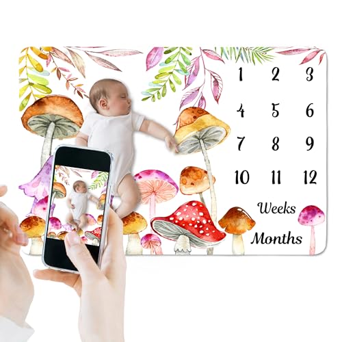 Image of Mushroom Baby Monthly Milestone Blanket Watercolor Tropical, 60x40in | Soft Flannel, Colorful Leaves Botanic Print, Newborn Mom Gifts, Photography Props for Boys Girls, Newborn Baby Shower