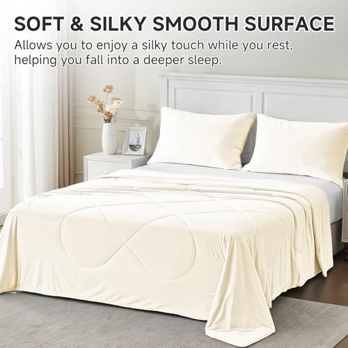 Image of HOMFINE Cooling Comforter Queen Size, Beige Summer Cooling Blanket for Hot Sleepers and Night Sweats, Japanese Double-Sided Cold Tech Fabric Q-Max 0.45, Soft Breathable Silky Smooth Lightweight