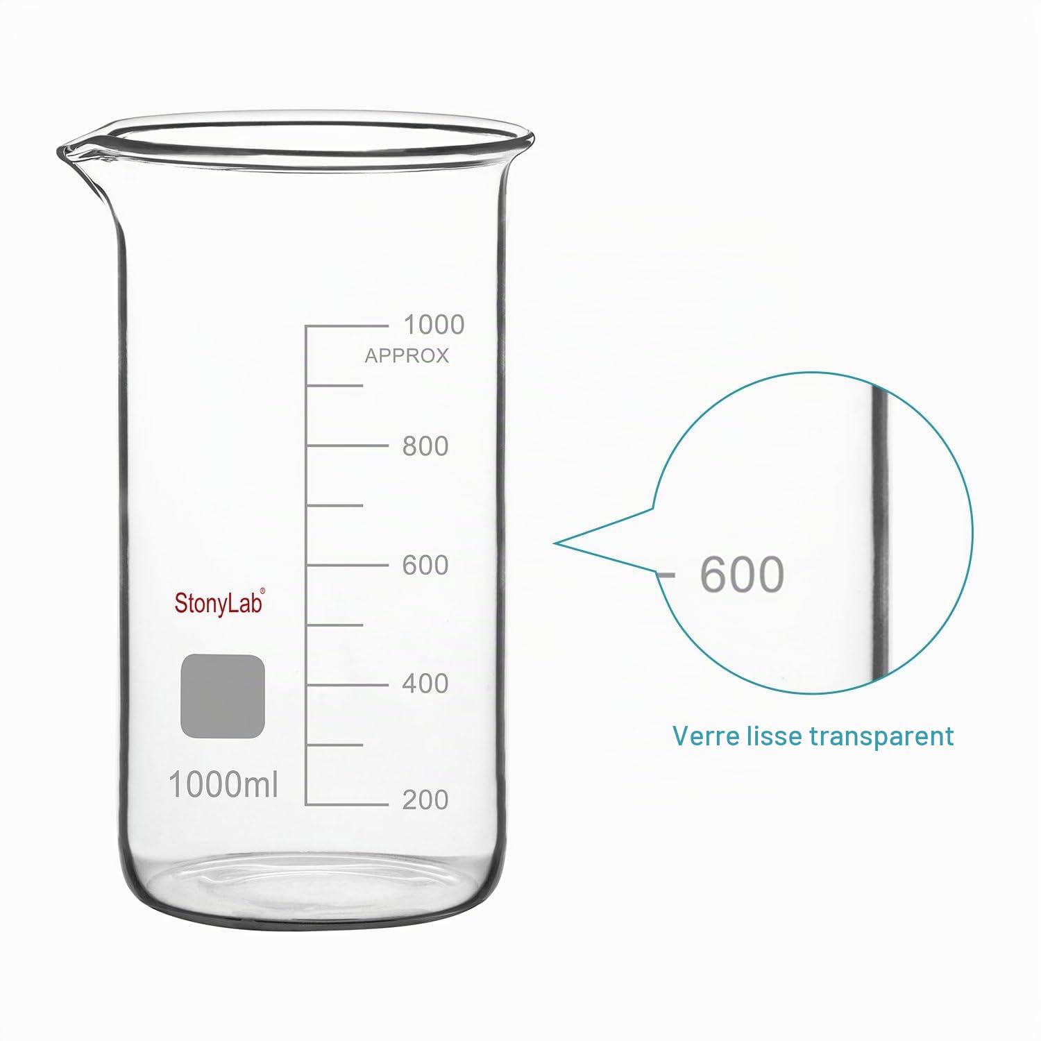 stonylab Bécher en Verre, Lot de 1, Verre Borosilicaté Gradué, Bécher de Laboratoire à Bec Verseur, 1000 ml