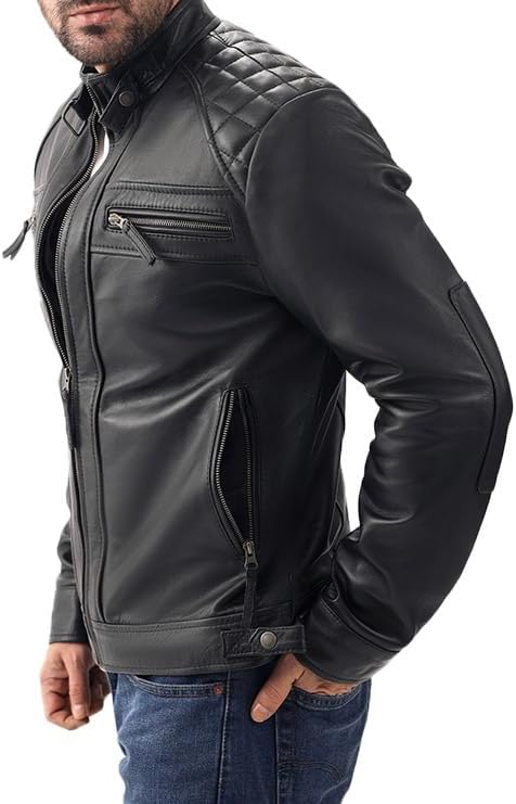 Men’s Lambskin Leather Jacket – Diamond Quilted Café Racer Vintage Motorcycle Style