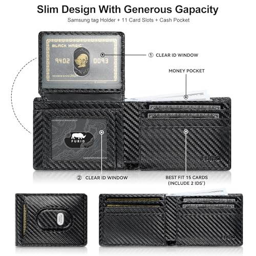 Image of furid Men Wallet for Samsung Galaxy SmartTag2: Slim Minimalist Wallet Compatible with Samsung Tracker Tag - RFID Blocking Wallet with 2 ID Window Carbon Fiber