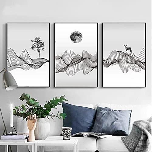 Affiche art nordique abstrait lune cerf arbre peinture toile déco salon 50x75