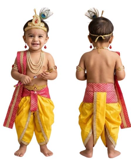 Krishna Dress for Baby Boy Kids Janmashtami Costume | Dhoti & Patka Included, Mukut & Morpankh, Bansuri & Kamarband, Bajuband & Kundal, 8-Piece Set