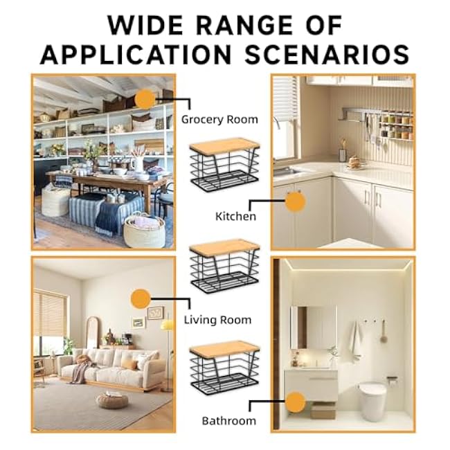 2 Pack Stackable Bamboo Top Trash Bag Holders - Under Sink Organizer for Kitchen & Laundry Room, No Tools Wall Mount Dispenser with FREE 70 Bags (Fits 13G & 33G Bags)