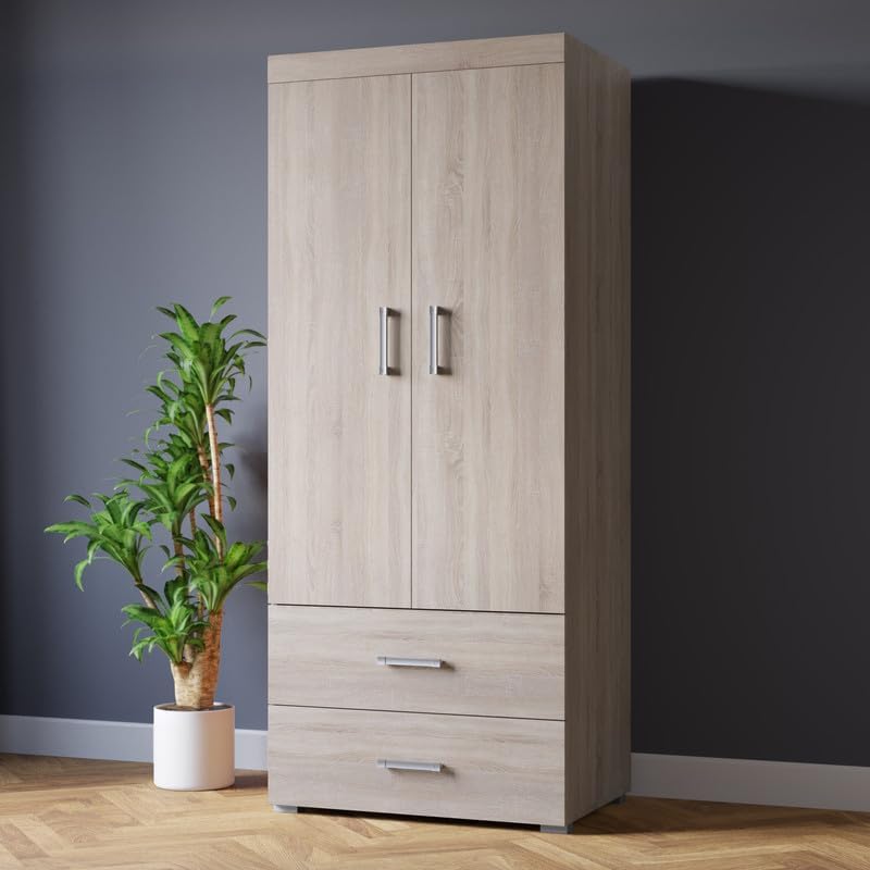 DRP TradingSonoma Oak Wardrobe, Clothing Closet, Bedroom Organising, Wardrobe with Drawers, Shelves, Hanging Rails, Ideal for Bedroom or Dressing Room