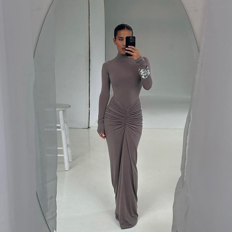 Image of Womens Sexy Maxi Dress Long Sleeve Ruched Bodycon Turtleneck Club Party Casual Wedding Dresses