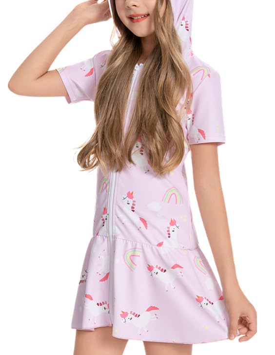 Image of Girls Sun Protective Swim Cover Up Hooded with Full-Length Zipper Short Sleeve UPF 50+ Beach Dress Coverup