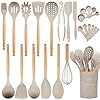 NCUE Kitchen Utensils Set, 26 pcs BPA Free Non-stick Silicone Cooking Kitchen Utensils Set with Holder, Wooden Handle Heat Resistance Silicone Spatula Spoon Kitchen Gadgets Utensils Set (Khaki)