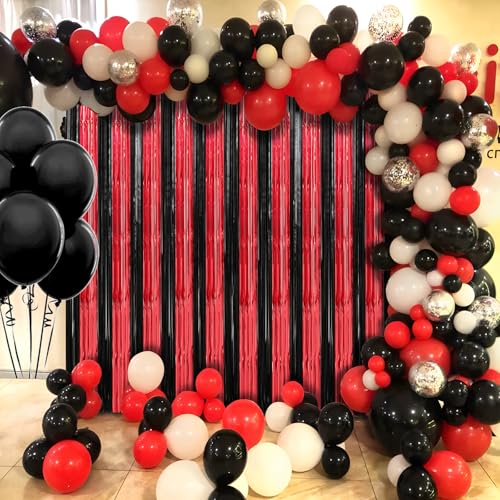 Image of 2 Pack Red and Black Foil Fringe Curtains Streamers Party Decorations 3.3 x 8.2 ft, Tinsel Curtain Fringe Backdrop for Parties, Door Fringe Birthday Streamers, Photo Booth Backdrops, Party Decor