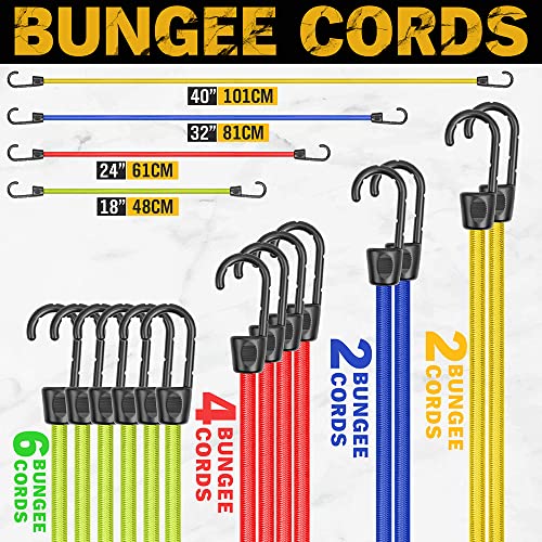 Elead 25Pcs Bungee Cords With Hooks In Storage Jar， Assorted Sizes 10" 18” 24” 32” 40”，23Ft Luminous Rope，8”Canopy/Tarp Ball Ties #TOP6
