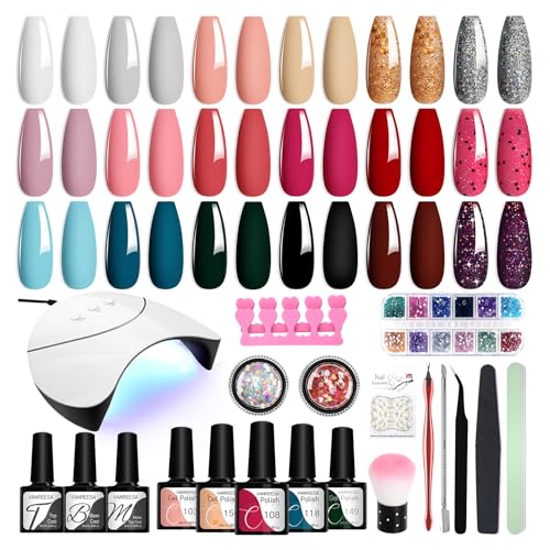 VANREESA 34 PCS Gel Nail Polish Set with Lamp Starter Kit, 18 Colours Gel Nail Kit Classic Popular Pink Red Glitter Soak Off Gels Polish Set with Manicure Tools Nails Salon Set Gifts for Women