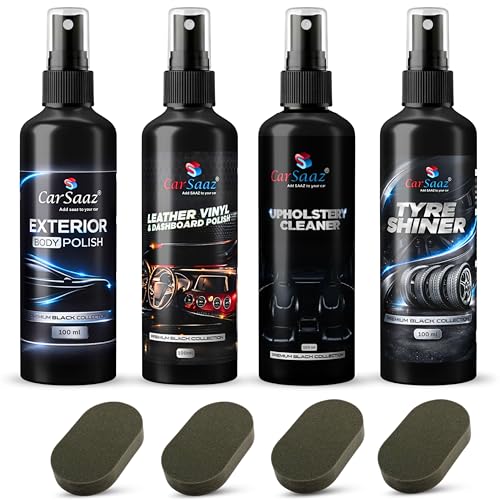 Image of CAR SAAZ Car & Bike Polish Combo | Complete Vehicle Care & Detailing Combo (4X100 ML) | Includes: Exterior Polish, Leather Vinyl & Dashboard Polish, Upholstery Cleaner, Tyre Shiner + 4 Applicators