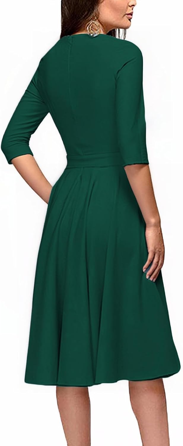 FENJAR Women's Cocktail Dress 3/4 Sleeve Vintage Wedding Guest Work Semi Formal A Line Midi Dresses with Belt - Image 2
