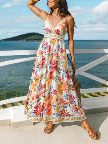 Image of CUPSHE Women's Summer Dresses Casual Spring V Neck Sleeveless Floral Beach Vacation Long Spaghetti Strap Flowy Maxi Dress