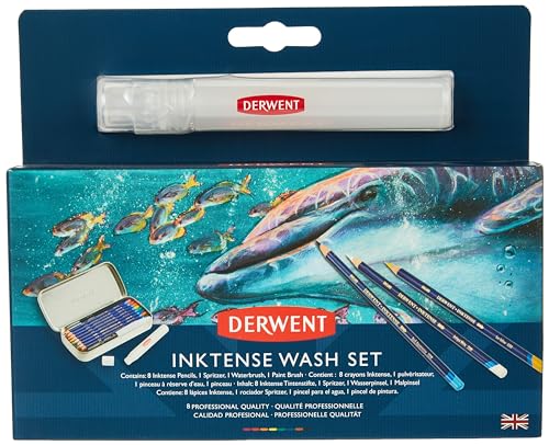 Derwent inktense wash set, set includes 8 inktense pencils, 1...