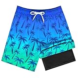 OlyPegic Boys Swim Trunks Toddler Swim Shorts Boy Bathing Suit Quick Dry Beach Swimsuit with Boxer Brief Liner Compression (CA/US, Age, 10 Years, 12 Years, Blue Green)