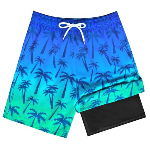 OlyPegic Boys Swim Trunks Size 14-16, Boy Swim Shorts Boy Bathing Suit Swimsuit Kids Swimwear Board Shorts with Boxer Brief Liner Compression Toddler Beach Running Swim Trunks (Coconut Tree)