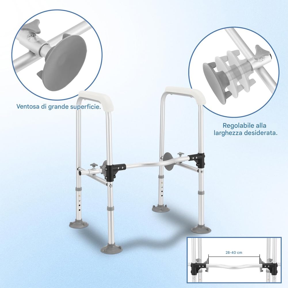 BAKAJI Barre di Sicurezza per WC in Alluminio per Anziani, Disabili e Persone con Mobilità Ridotta, Maniglie di Assistenza Antiscivolo, Corrimano Portatile con Altezza Regolabile 64,5-71,5 cm