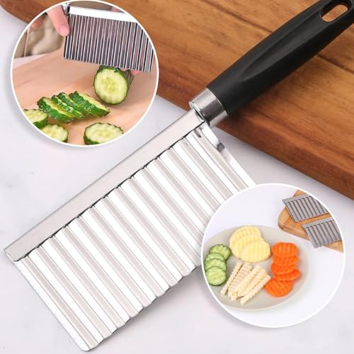 Kit Amassador de Batatas Inox + Faca de Corte Ondulado para Purês e Batatas Fritas, Cabo Antiderrapa
