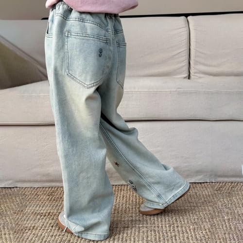 Kid Girl Jeans Graffiti Flower Butterfly Embroidery Denim Pants Straight Leg Elastic Waist Trousers with Pockets4
