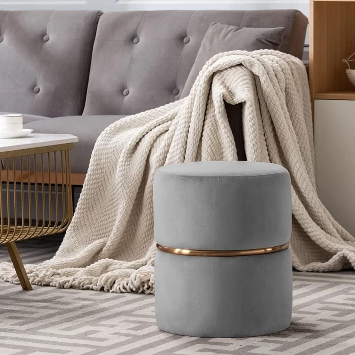 Ereteken ART Velvet Round Ottoman Foot Rest Stool Linen Fabric Padded Seat Pouf Ottoman with Round Shape for Living Room (Grey)-image-32