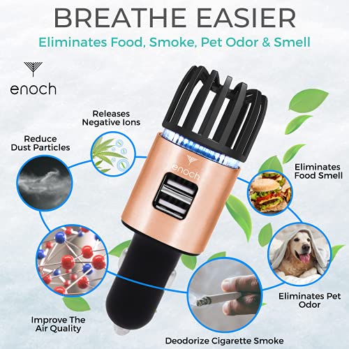 Enoch Car Air Purifier With Usb Car Charger 2-Port. Car Air Freshener Eliminate Odor, Dust. Removes Smoke, Pet And Food Odor, Ionic Ozone. Ionic Car Deodorizer (Rose Gold) #TOP1