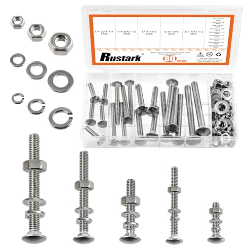 Rustark 80Pcs 5 Sizes 304 Stainless Steel Carriage Bolts with Nuts and Washers Kit Silver Square Neck Carriage Bolts Screws Round Head Carriage Bolt for Machinery Industry