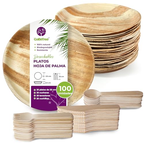 GoBeTree 25 Platos desechables de Hoja de Palma Redondos de 25 cm con 75 Cubiertos desechables de Madera, Vajilla desechable elegante, similar al bambu, menaje para fiestas, barbacoas y picnic