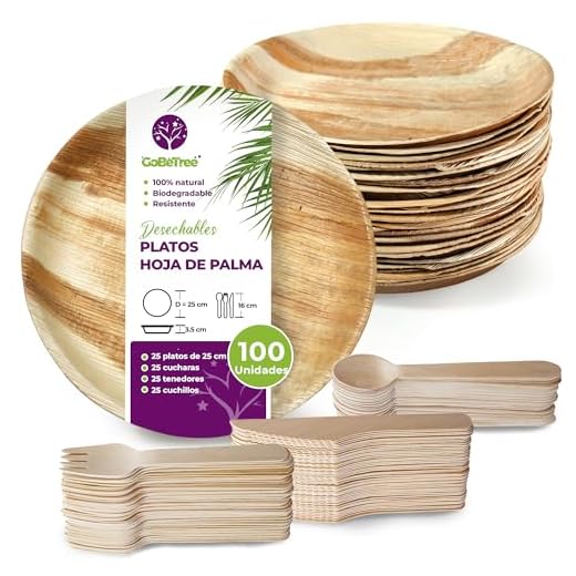 GoBeTree 25 Platos de Hoja de Palma Redondos de 25 cm con 75 Cubiertos de Madera, Vajilla desechable Biodegradable y ecológica. Pack de 100 Piezas.