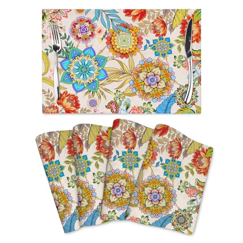 Boho Floral Placemats Set of 4 Linen 12"x18" Colorful Flowers Table Mats for Kitchen Dining Table Holiday Party Heat Resistant Washable Spring Summer Farmhouse Bohemian Mandala Place Mats