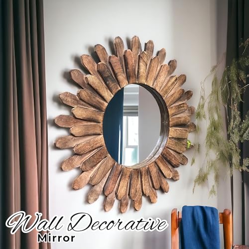 14-inch Rustic Round Wood Mirror, Decorative Boho Sunburst Mirror for Bedroom, Living Room, Entryway - Burnt - Image 3