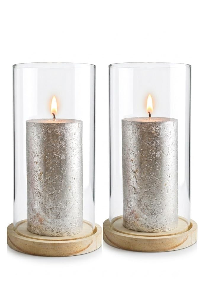 Sendez Set di 2 portacandele in vetro con piatto in legno, elegante portacandele e decorazione da tavolo, moderno portacandele in vetro borosilicato, vetro decorativo per candele a colonna (altezza
