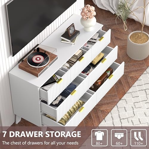 Image of White Dresser 7 Drawer Dresser for Bedroom, 47''W Fluted Wooden Dresser Storage Cabinet and Chest of Drawers with Metal Handle, Storage Organizer for Living Room, Hallway, Entryway